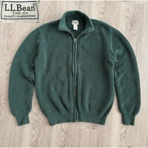 LL Bean Cotton Full Zip Sweater Cardigan Green Ribbed Knit Mock Neck Mens L Reg